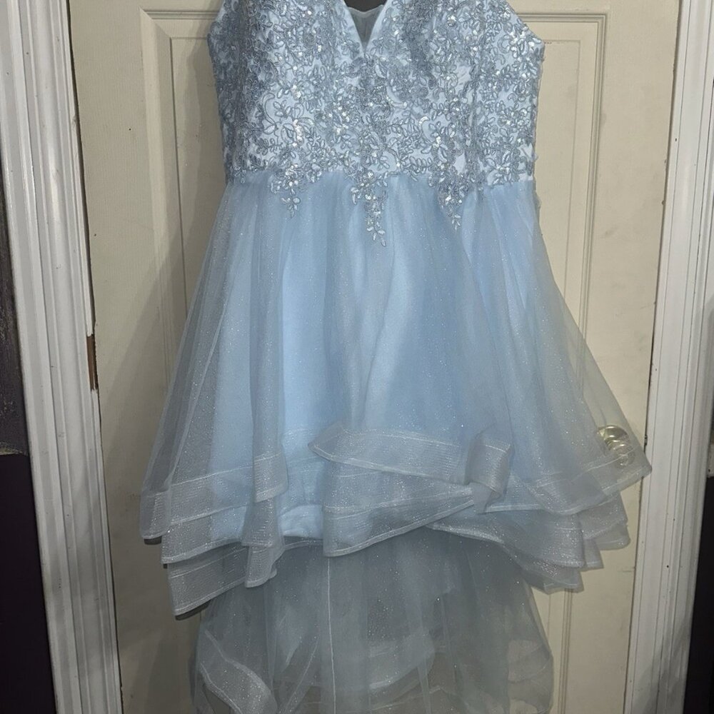 24W Plus Size Blue Lace Applique Hi-Low Tulle Party Prom Homecoming Dress - Picture 3 of 5